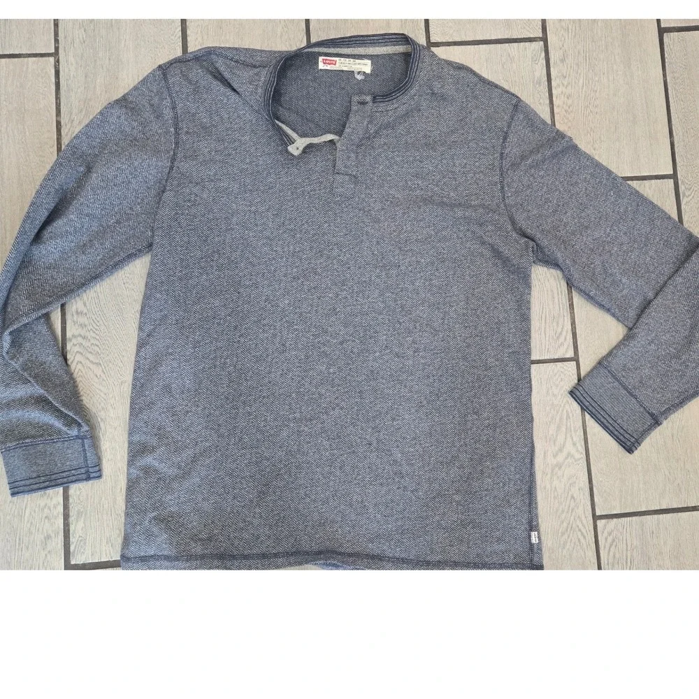 Levis Mens XXL Blue Herringbone Long Sleeve Henley Shirt Standard Fit Top